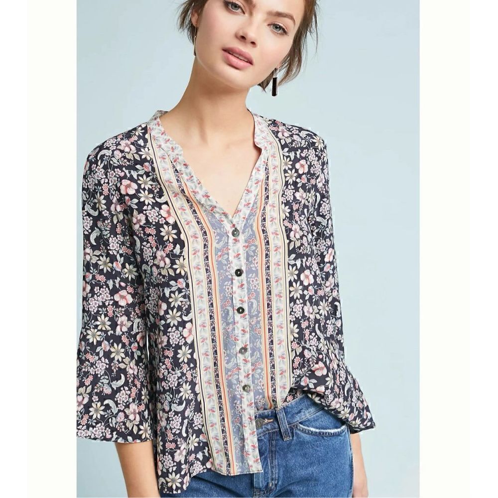 Anthropologie X Kachel Kaia Floral Motif Printed Silk Button Front Top